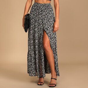 Lulus Subtle Sweetness Black Floral Print Tiered Maxi Skirt - Size L